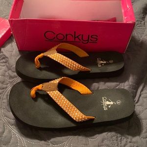 Corkys Brand sandals, orange/silver, size 9